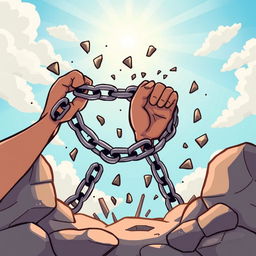 A cartoon illustration of chains breaking apart, symbolizing freedom from slavery