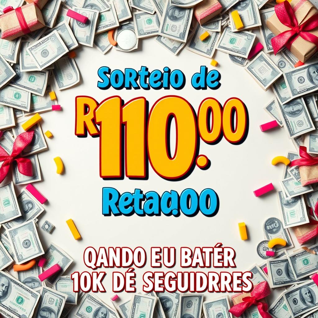 Um cartaz chamativo e festivo para anunciar um sorteio de R$ 100,00 ao atingir 10