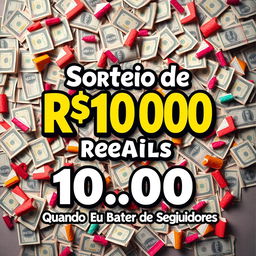 Um cartaz chamativo e festivo para anunciar um sorteio de R$ 100,00 ao atingir 10