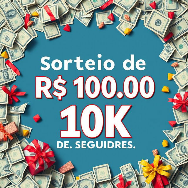 Um cartaz chamativo e festivo para anunciar um sorteio de R$ 100,00 ao atingir 10