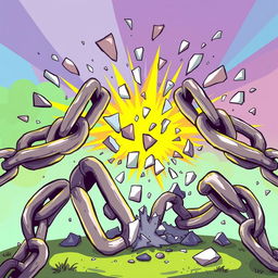 A cartoon illustration of exaggeratedly thick chains breaking apart