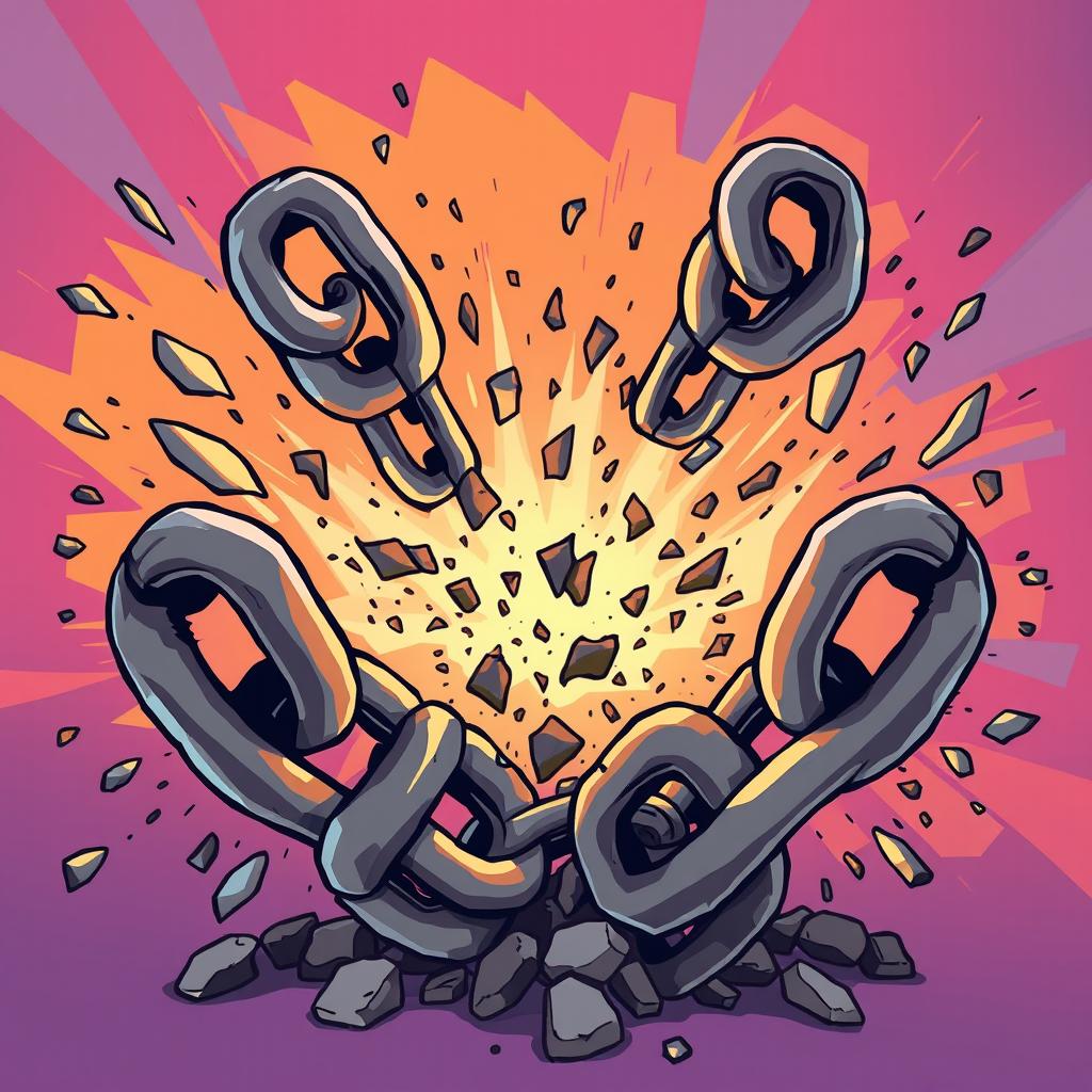 A cartoon illustration of exaggeratedly thick chains breaking apart