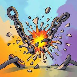 A cartoon illustration of exaggeratedly thick chains breaking apart