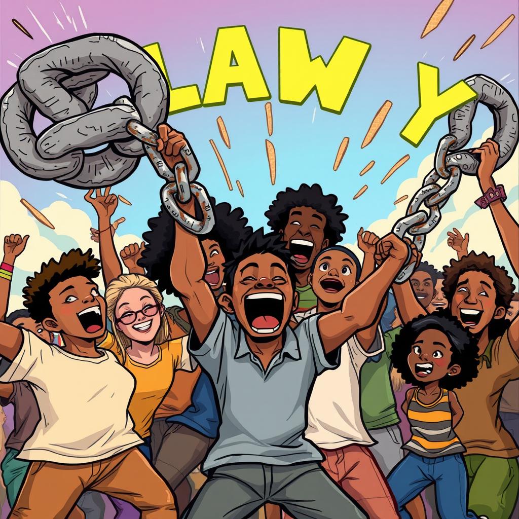 A cartoon illustration depicting exaggeratedly thick chains of slavery being broken by people