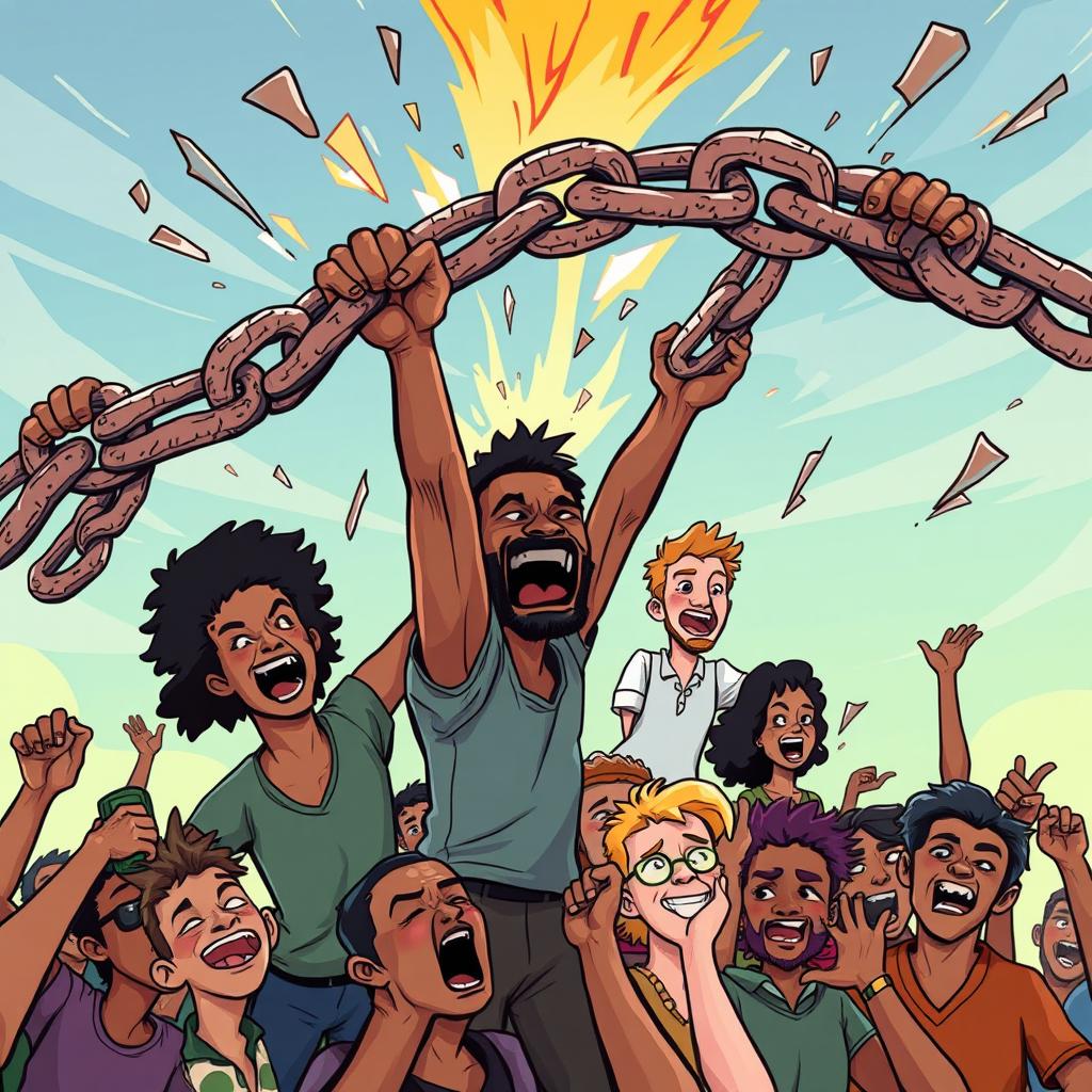 A cartoon illustration depicting exaggeratedly thick chains of slavery being broken by people