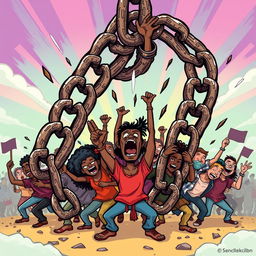 A cartoon illustration depicting exaggeratedly thick chains of slavery being broken by people