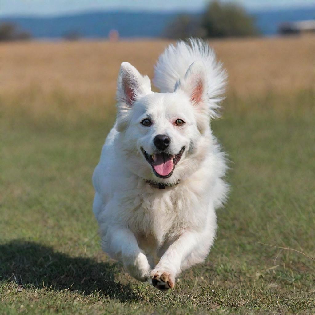 A playful white dog, with vibrant eyes and a fluffy tail, running freely in an open field under a clear sky.