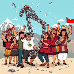 A cartoon depiction of excessively thick chains of slavery being broken by the Peruvian people