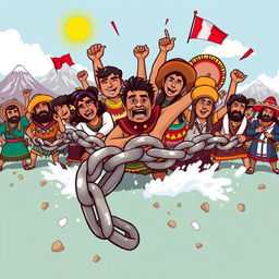 A cartoon depiction of excessively thick chains of slavery being broken by the Peruvian people