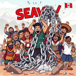 A cartoon depiction of excessively thick chains of slavery being broken by the Peruvian people