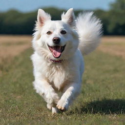 A playful white dog, with vibrant eyes and a fluffy tail, running freely in an open field under a clear sky.