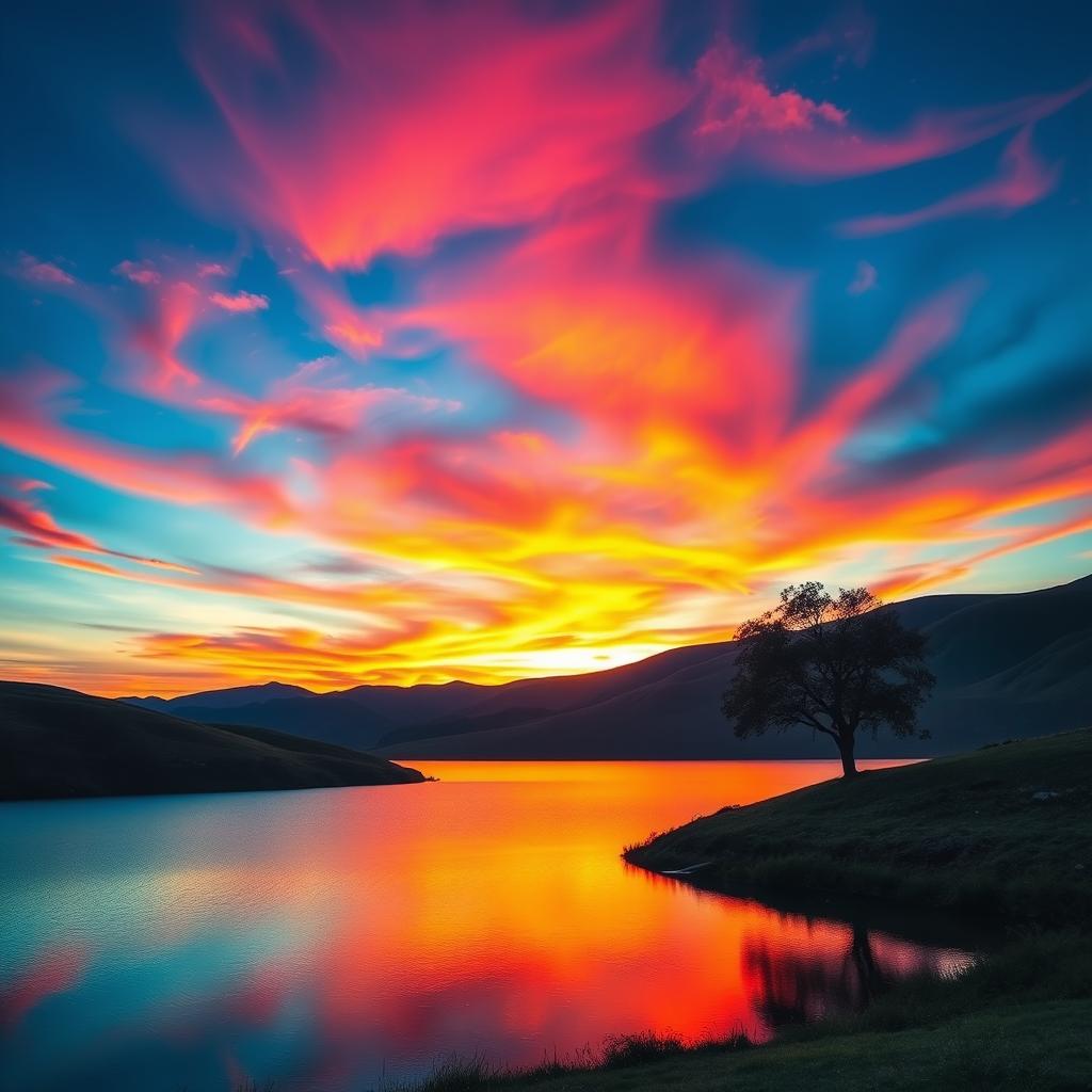 Recreate the image with vibrant colors, emphasizing a beautiful landscape at sunset