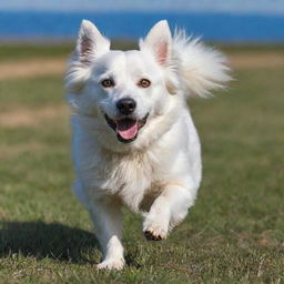 A playful white dog, with vibrant eyes and a fluffy tail, running freely in an open field under a clear sky.