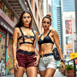 Two confident women, 18 years old, wearing stylish and fashionable harness outfits in a vibrant and modern urban setting