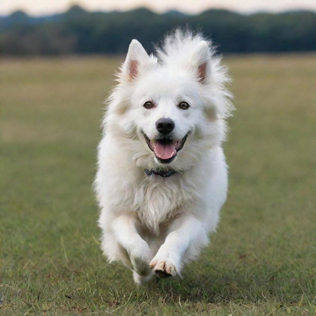 A playful white dog, with vibrant eyes and a fluffy tail, running freely in an open field under a clear sky.