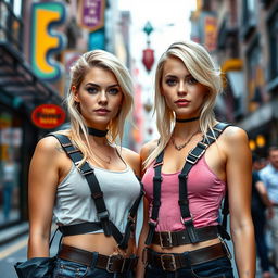 Two confident women, 18 years old, with blonde hair, wearing fashionable harness outfits that highlight their style