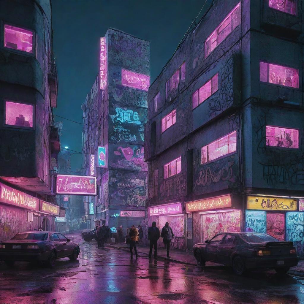 Deep dive into a hyper-futuristic cyberpunk interpretation of the 2007 Russian underground rap scene. Featuring larger-than-life panel houses, a lively courtyard, neon-lit urban streets, rampant graffiti art, and omnipresent advanced technology.