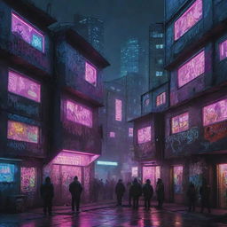 Deep dive into a hyper-futuristic cyberpunk interpretation of the 2007 Russian underground rap scene. Featuring larger-than-life panel houses, a lively courtyard, neon-lit urban streets, rampant graffiti art, and omnipresent advanced technology.