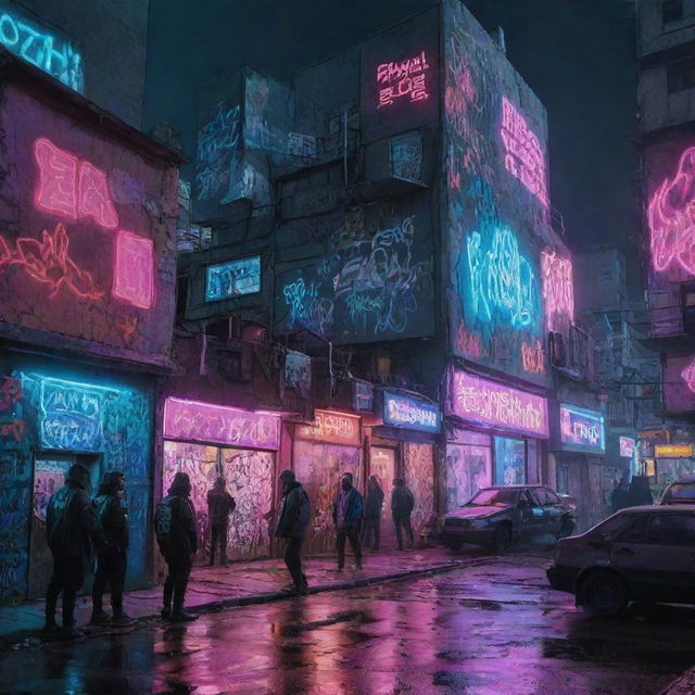 Deep dive into a hyper-futuristic cyberpunk interpretation of the 2007 Russian underground rap scene. Featuring larger-than-life panel houses, a lively courtyard, neon-lit urban streets, rampant graffiti art, and omnipresent advanced technology.