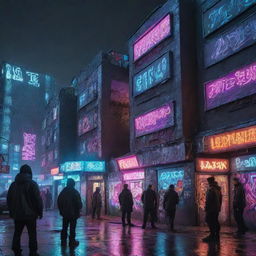 Deep dive into a hyper-futuristic cyberpunk interpretation of the 2007 Russian underground rap scene. Featuring larger-than-life panel houses, a lively courtyard, neon-lit urban streets, rampant graffiti art, and omnipresent advanced technology.