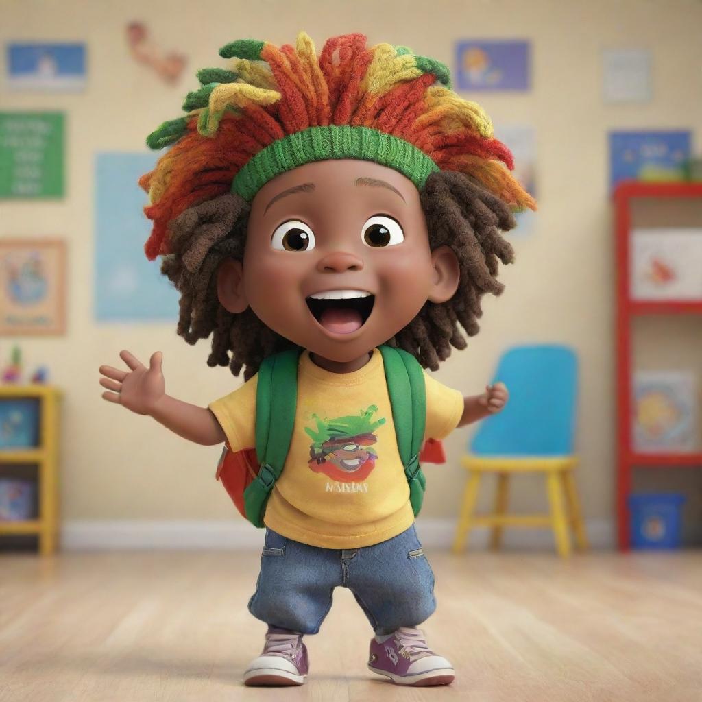 A Pixar-style animation of an excited Rasta toddler boy at preschool, wearing a colorful dreadlock cap and carrying a knapsack