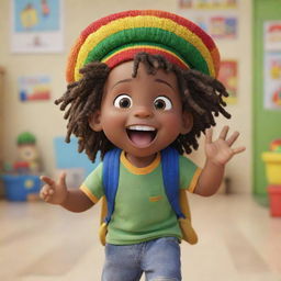 A Pixar-style animation of an excited Rasta toddler boy at preschool, wearing a colorful dreadlock cap and carrying a knapsack