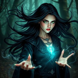 A mystical human female warlock with flowing black hair and striking green eyes