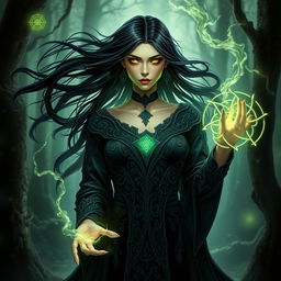 A mystical human female warlock with flowing black hair and striking green eyes