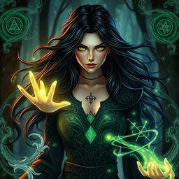 A mystical human female warlock with flowing black hair and striking green eyes