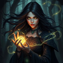 A mystical human female warlock with flowing black hair and striking green eyes