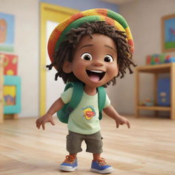 A Pixar-style animation of an excited Rasta toddler boy at preschool, wearing a colorful dreadlock cap and carrying a knapsack