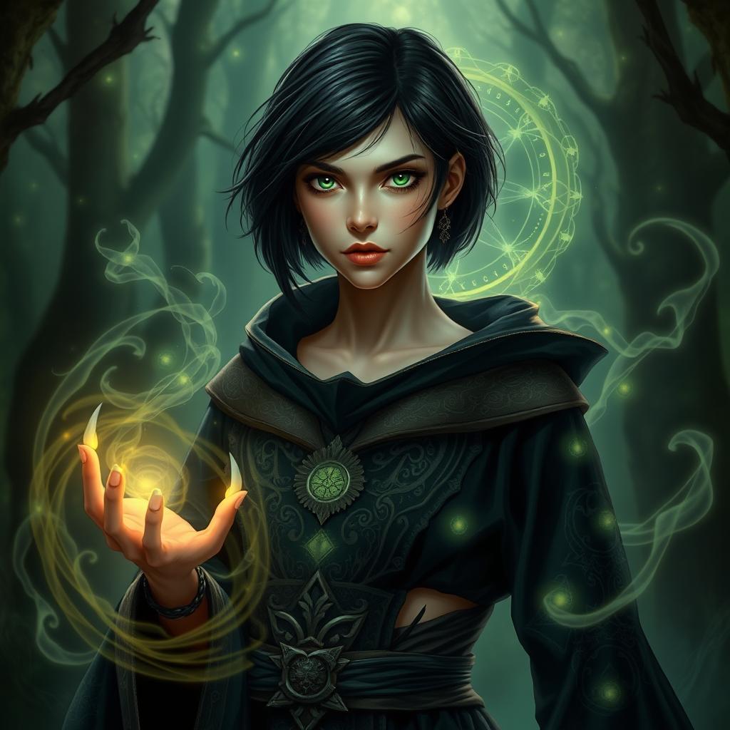 A mystical human female warlock with short black hair and striking green eyes