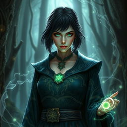 A mystical human female warlock with short black hair and striking green eyes