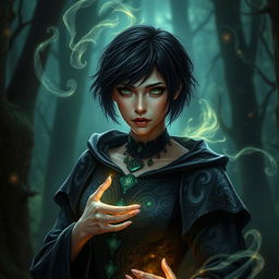 A mystical human female warlock with short black hair and striking green eyes