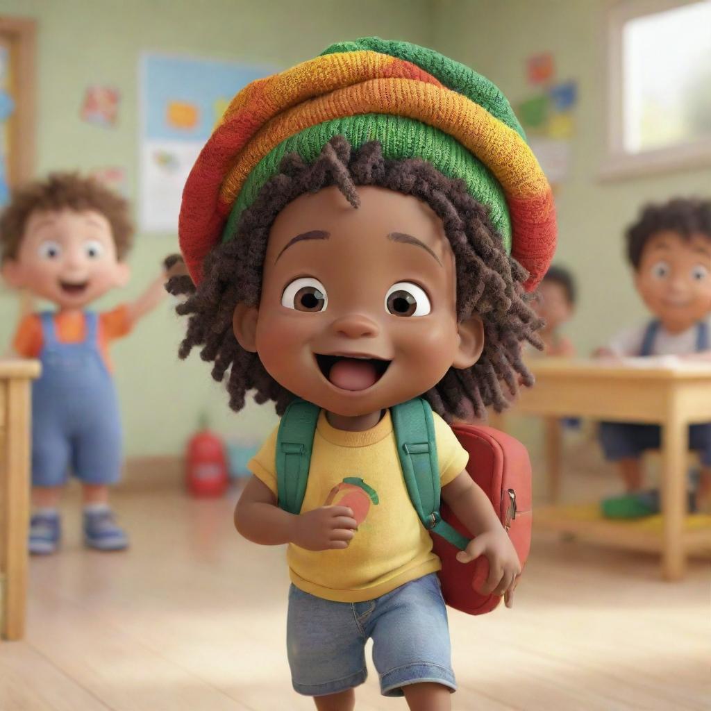 A Pixar-style animation of an excited Rasta toddler boy at preschool, wearing a colorful dreadlock cap and carrying a knapsack