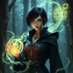 A mystical human female warlock with short black hair and striking green eyes