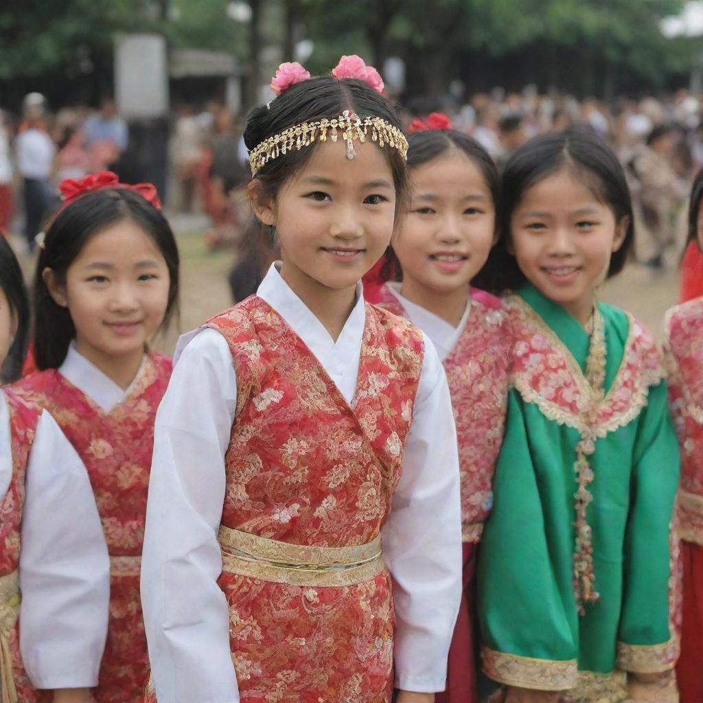 A group of Asian girls, of various ages, all wearing traditional outfits, participating in a cultural festival.