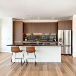 A modern kitchen redesign in the existing layout, using a range of coffee-colored tones