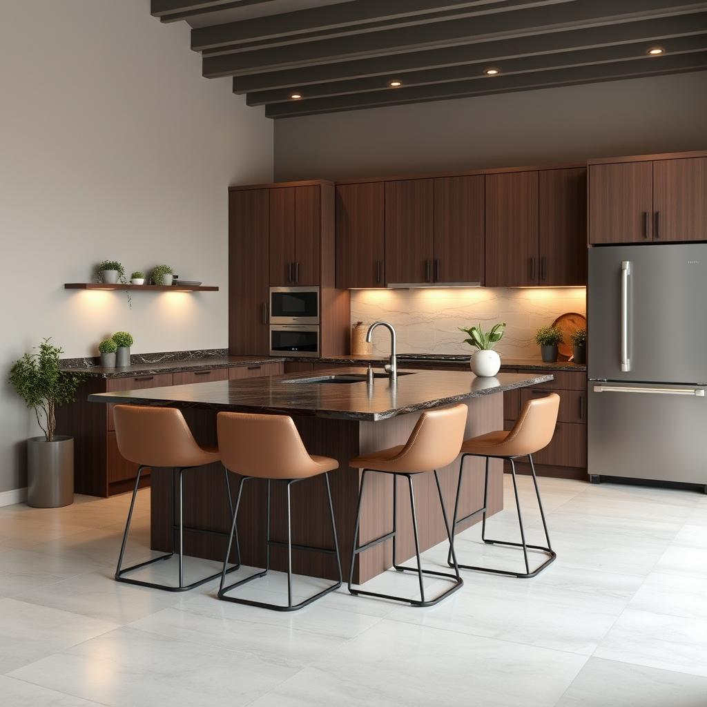 A modern kitchen redesign in the existing layout, using a range of coffee-colored tones