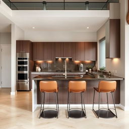 A modern kitchen redesign in the existing layout, using a range of coffee-colored tones