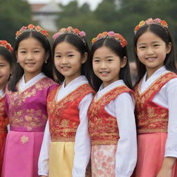 A group of Asian girls, of various ages, all wearing traditional outfits, participating in a cultural festival.