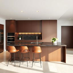 A modern kitchen redesign in the existing layout, using a range of coffee-colored tones