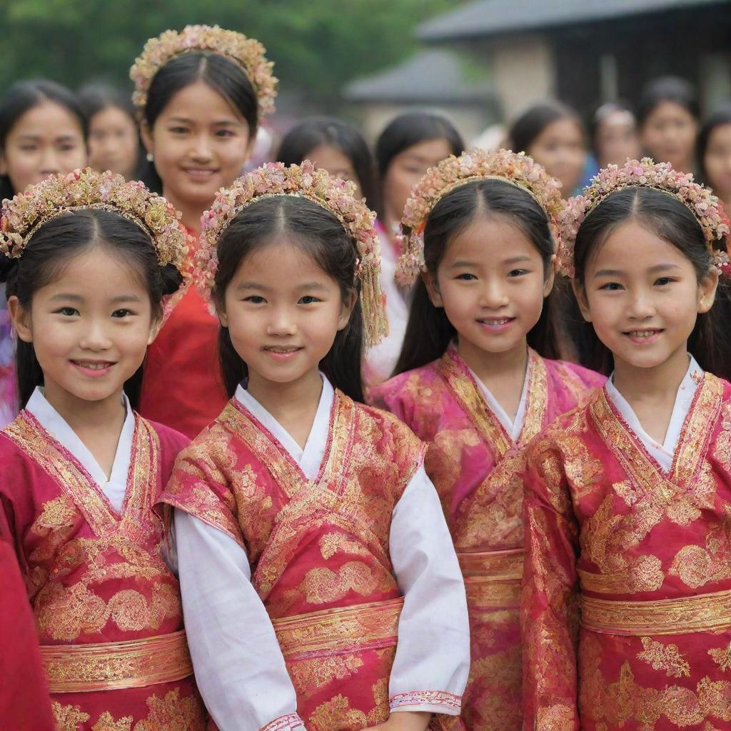 A group of Asian girls, of various ages, all wearing traditional outfits, participating in a cultural festival.