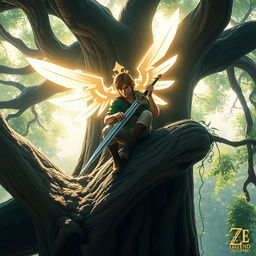 a heroic figure inspired by Link from Legend of Zelda, perched on a sturdy branch of a large, ancient tree, meticulously polishing his gleaming sword