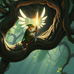 a heroic figure inspired by Link from Legend of Zelda, perched on a sturdy branch of a large, ancient tree, meticulously polishing his gleaming sword