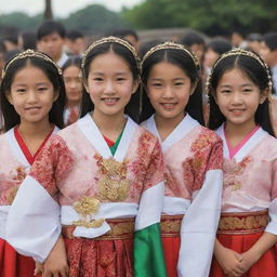 A group of Asian girls, of various ages, all wearing traditional outfits, participating in a cultural festival.