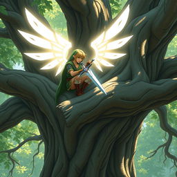 a heroic figure inspired by Link from Legend of Zelda, perched on a sturdy branch of a large, ancient tree, meticulously polishing his gleaming sword