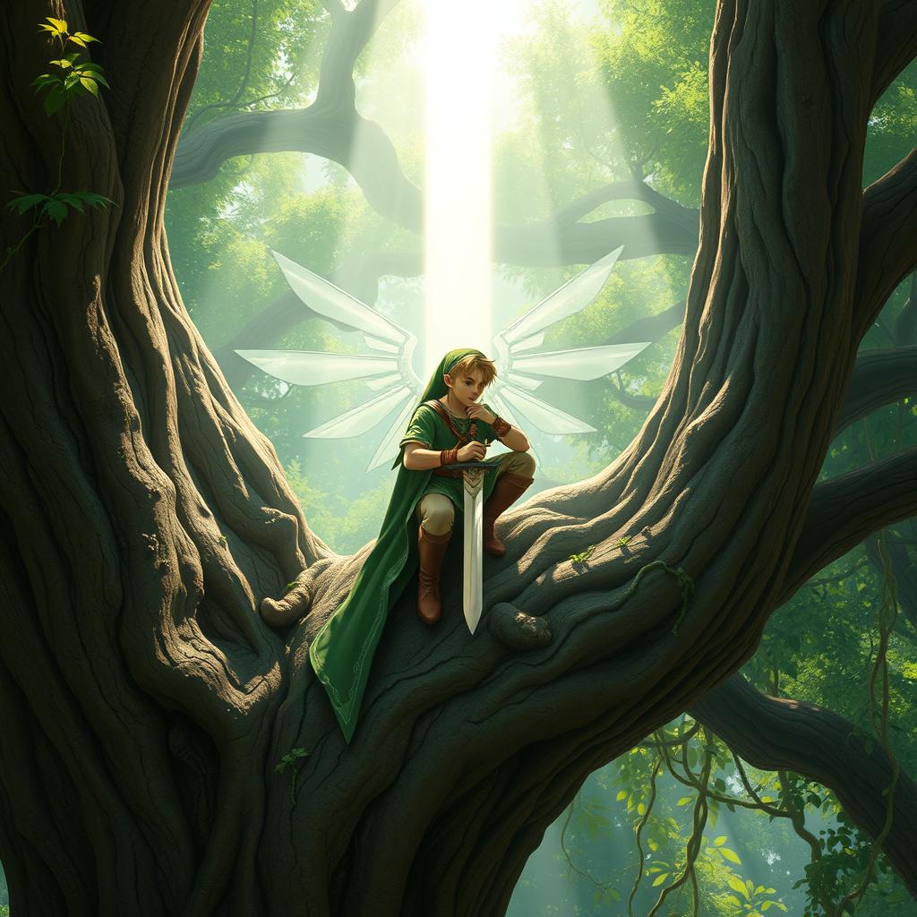 a heroic figure inspired by Link from Legend of Zelda, perched on a sturdy branch of a large, ancient tree, meticulously polishing his gleaming sword