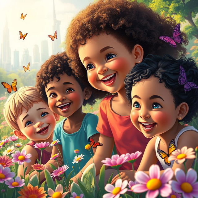 An artistic representation of children with a blend of features from different ethnicities, depicting an idealized vision of future humanity