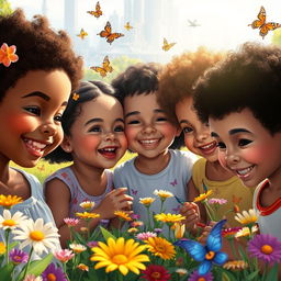 An artistic representation of children with a blend of features from different ethnicities, depicting an idealized vision of future humanity